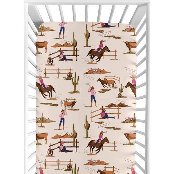 slide 2 of 6, Sweet Jojo Designs Western Cowgirl Girl Fitted Crib Sheet Wild West Vintage Country Retro Animal Horse Southwest Brown Pink Blue