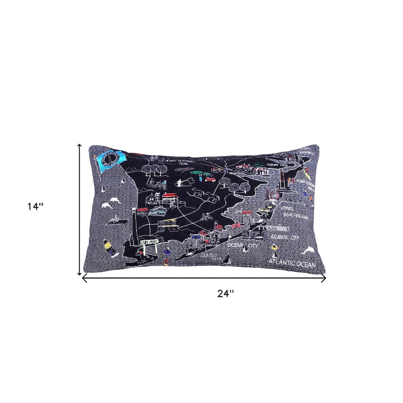 HomeRoots 14" X 25" Dark Gray And White Lumbar Jersey Shore Nighttime Skyline Lumbar Decorative Pillow
