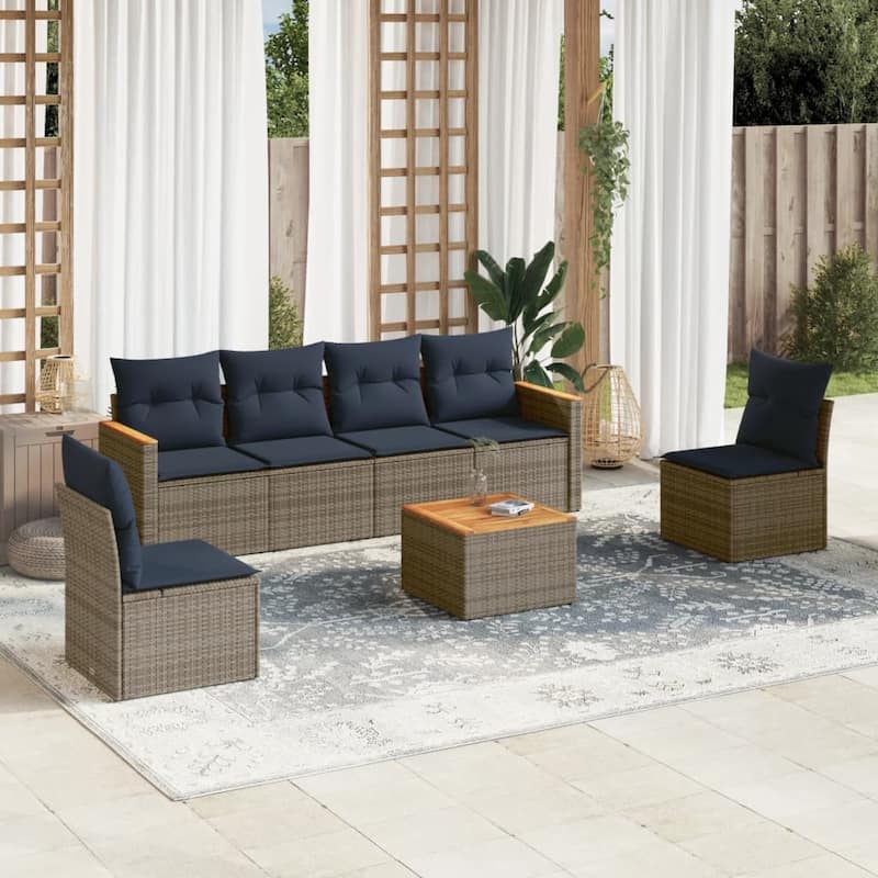 vidaXL Patio Sofa Set with Cushions Outdoor Conversation Furniture Poly Rattan - 21.7x 24.4x 27.2 - Grey and Blue-With table