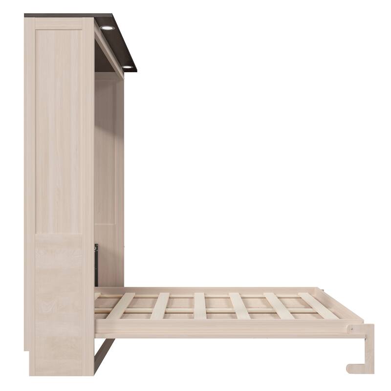 GDFStudio - Queen Wooden Murphy Bed with LED, Solid Wood Frame & Legs