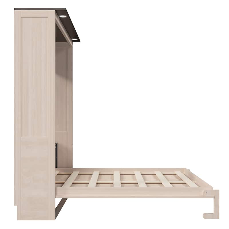 Queen Size Murphy Bed with Top LED Lighting and Optional Upholstered Sofa, Space-Saving Wall Bed Design