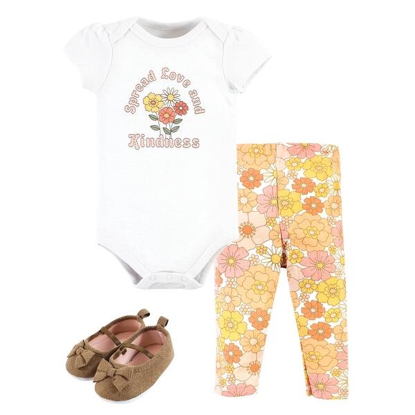 slide 1 of 1, Hudson Baby Infant Girl Cotton Bodysuit, Pant and Shoe Set, Peace Love Flowers 0-3 Months - Peace Love Flowers Short Sleeve