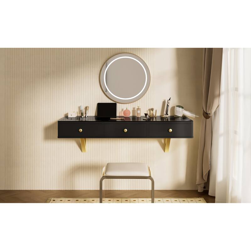Floating Vanity Desk with Glass Top & Drawers, Wall Mounted Makeup Vanity Desk, Dressing Table with Tablet Holder