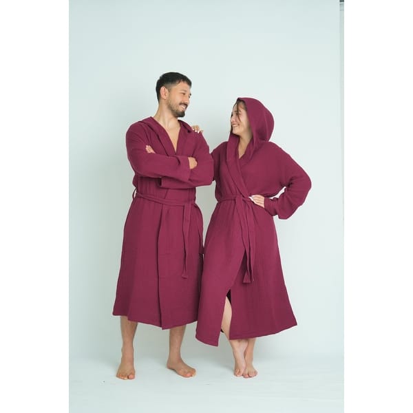 slide 2 of 4, 100% Cotton Muslin Robe - Lightweight Bathrobe for Women and Men, Quick-Dry Burgundy - L-XL