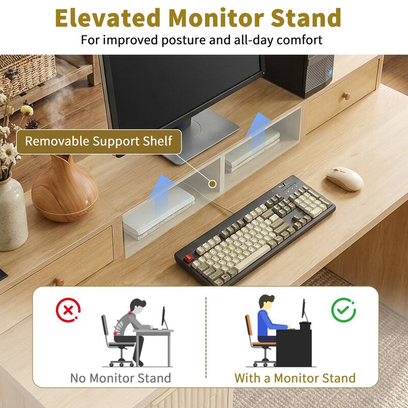 Roomfitters 59" Modern Fluted L-Shaped Desk with Charging Station, Monitor Stand & File Drawer