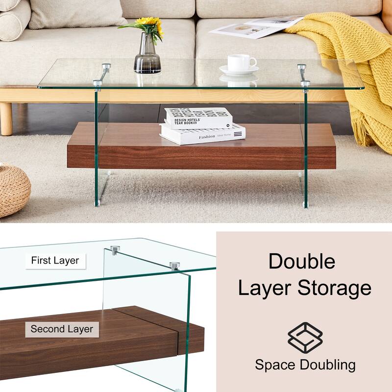 Roomfitters 43.3" Two-Tier Glass Coffee Table with Light Wood Shelf, Side Table or Display Stand