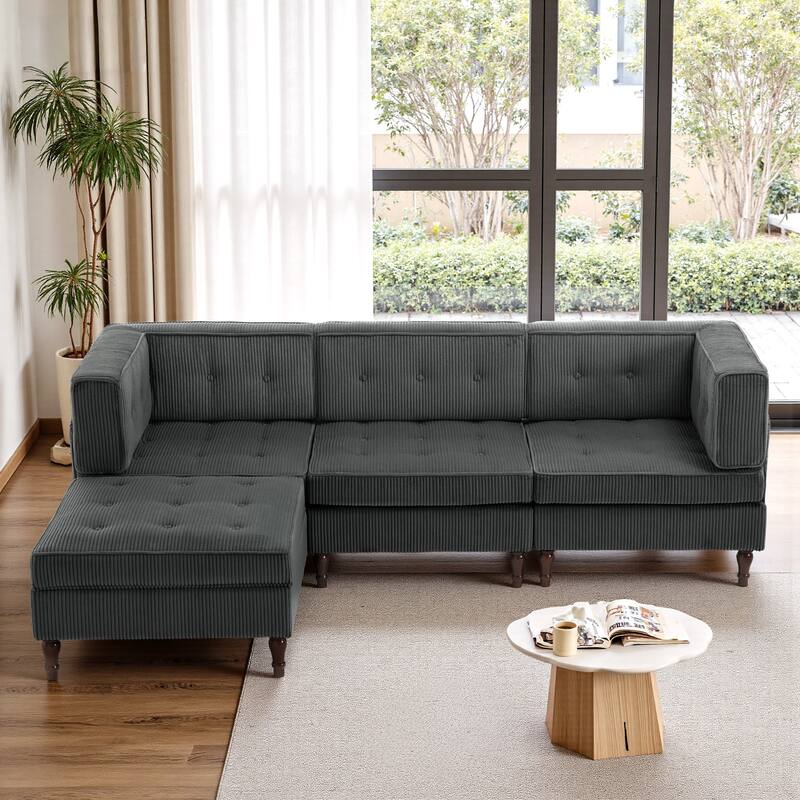 UIXE 4 - Piece Corduroy Sectional Sofa with Flip-Top Storage Ottoman Coffee Table