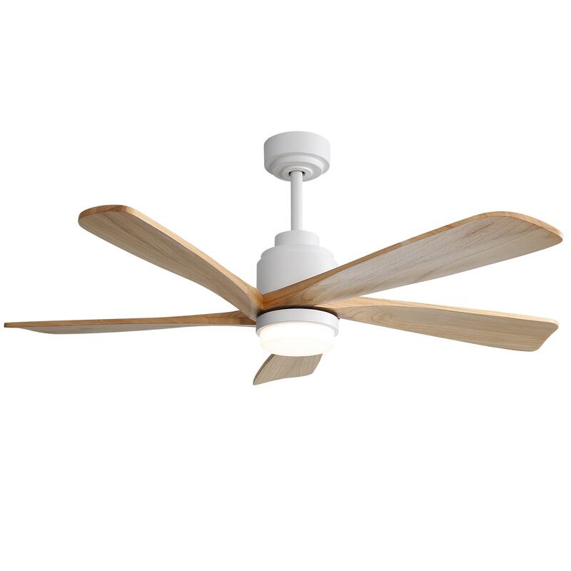 Sofucor 52" Solid Wood Noiseless Ceiling Fans with Dimmable LED Light Optional and Remote, 6-Speed Reversible, Smart Optional - Smart-With lights - White with Natural Solid wood Blades