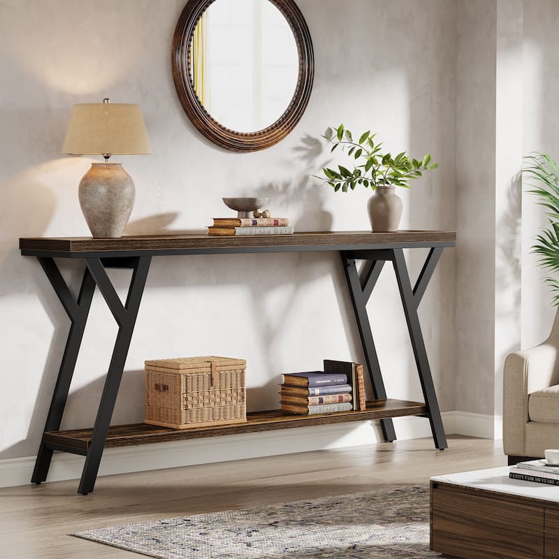Industrial Sofa Table Behind Couch with 2-tier Storage Shelf for Hallway