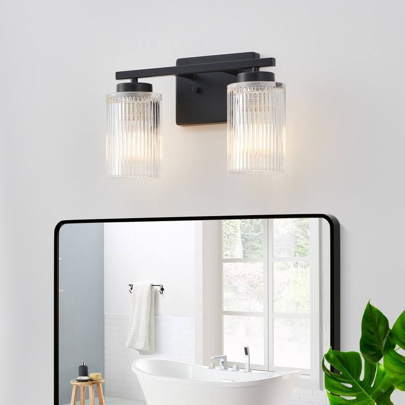 KAWOTI 8.6"H Contemporary Bathroom Vanity Light with Flutted Glass - Black-2Lights