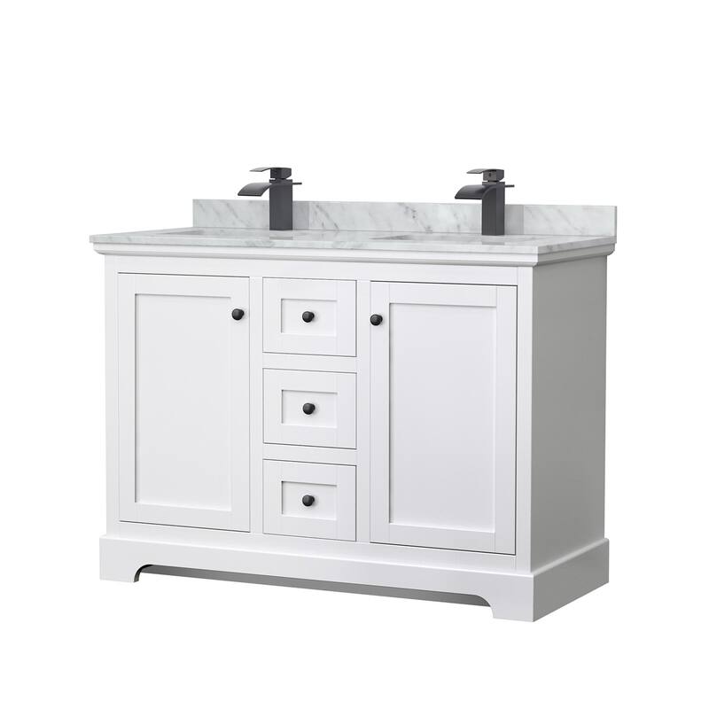 Wyndham Collection Avery 48" Free Standing Double Basin Vanity Set - White / White Carrara Marble Top / Matte Black