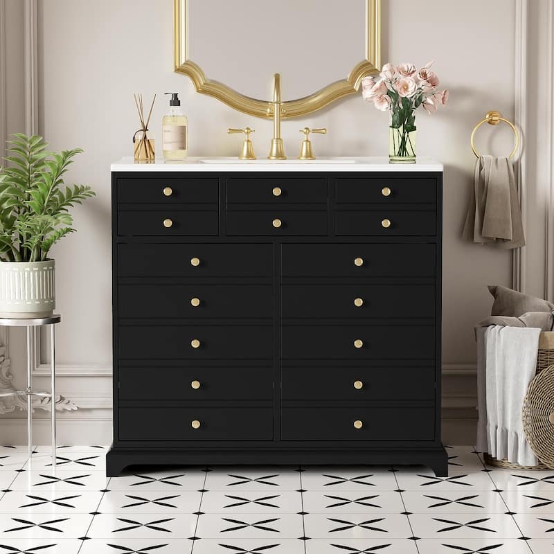 Roomfitters 36'' Bathroom Vanity with Ceramic Sink Combo, Solid Wood Frame Freestanding Storage Cabinet with 2 Drawers