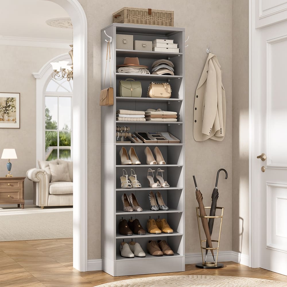 Freestanding 10-Tier Shoe Storage Cabinet,Narrow Wood Shoe Rack Shoe Organizer,Sturdy Closet Organizer Open Display Cabinet