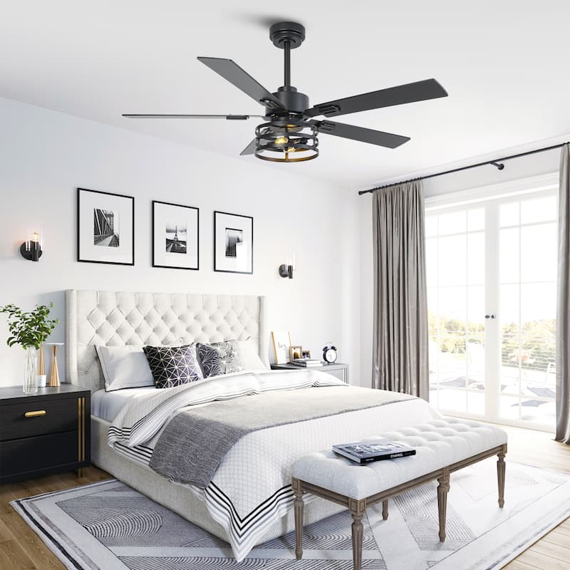 Vaczon 52" Industrial Reversible Wood 5-Blade Black Ceiling Fan with Light and APP Control