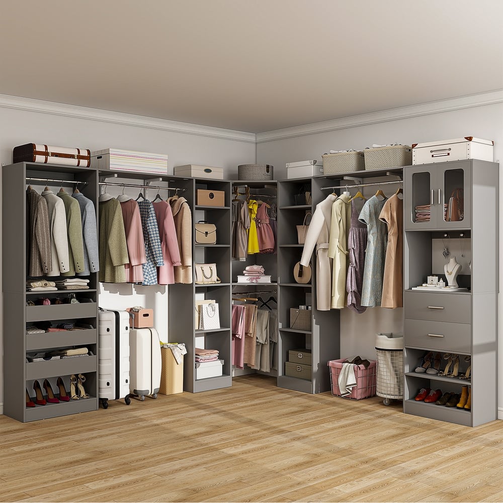 100" × 100" Closet System With Door and Wooden Drawers, Closet Organizer with 5 Hanging Rods and 20 Storage Shelves