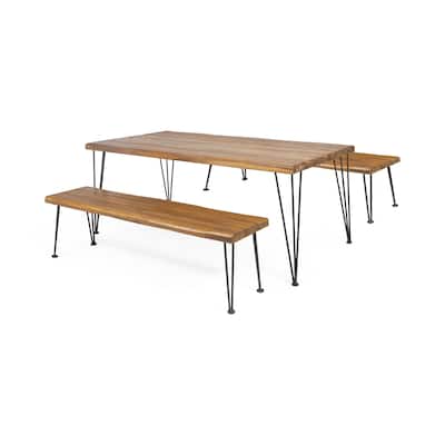 Zion Outdoor Modern Industrial 3 Piece Acacia Wood Picnic Dining Set with Metal Hairpin Legs by Christopher Knight Home