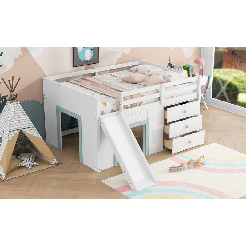 Full Size Low Loft Bed with Slide, 3 Storage Drawers and 2 Doors