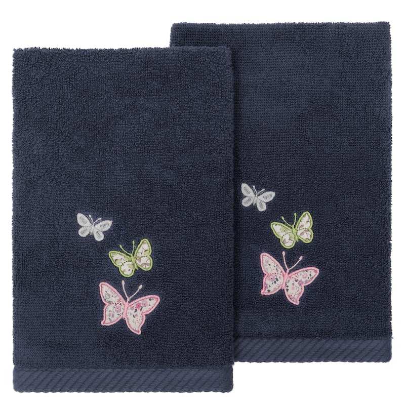 Authentic Hotel and Spa 100% Turkish Cotton Mariposa 2PC Embellished Fingertip Towel Set - Marine