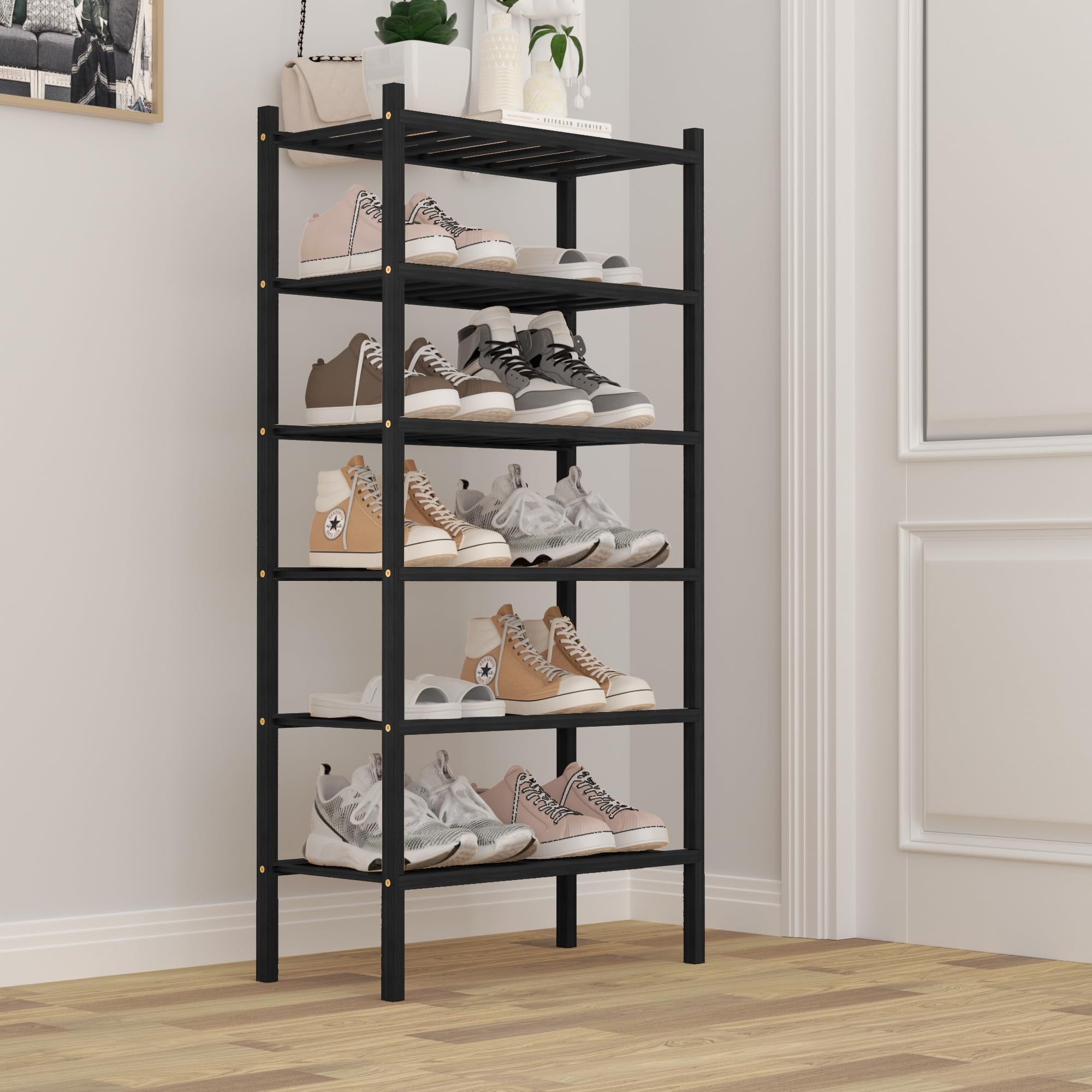 6-Tier Bamboo Small Shoe Rack, Free Standing Wood Shoe Shelf