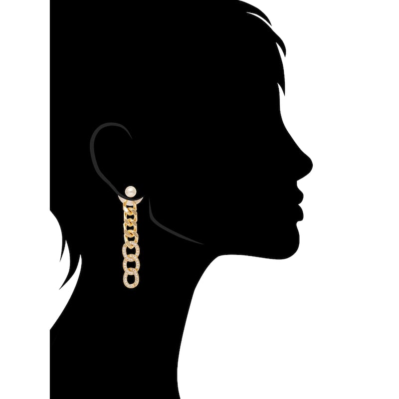 Pearl Front-Back + Cubic Zirconia Chain Dangle Earrings - 2.5" long