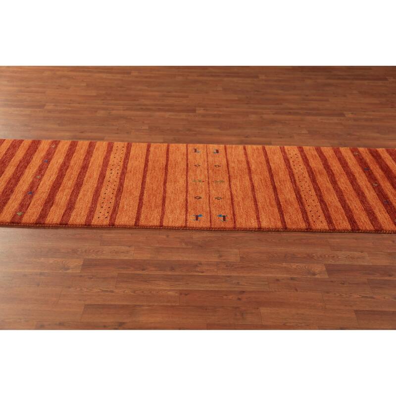Striped Orange Gabbeh Oriental Runner Rug Hand-Knotted Wool Carpet - 2'7" x 13'0"