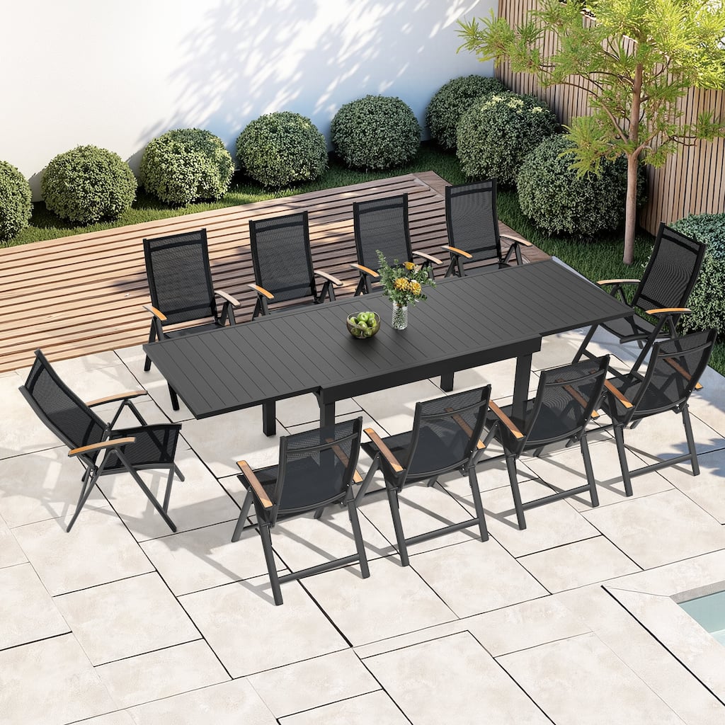 5/7/11-Piece Outdoor Patio Dining Set Aluminum Expandable Rectangular Dining Table with Adjustable Back Folding Chairs