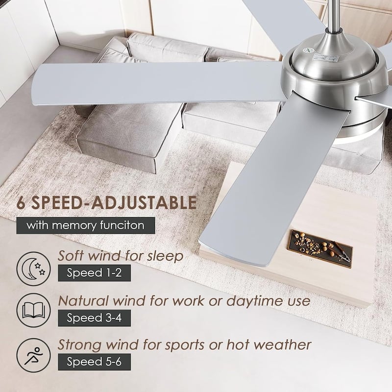46“/52” Inch Modern Ceiling Fan with LED and Remote,5 Plywood Blades,Remote and APP Control