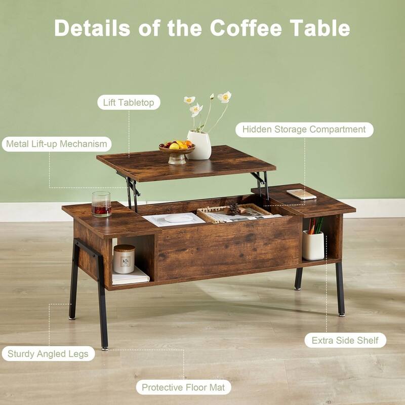 Wood Lift Top Coffee Table - 18.9"D x 40.9"W x 27.6"H