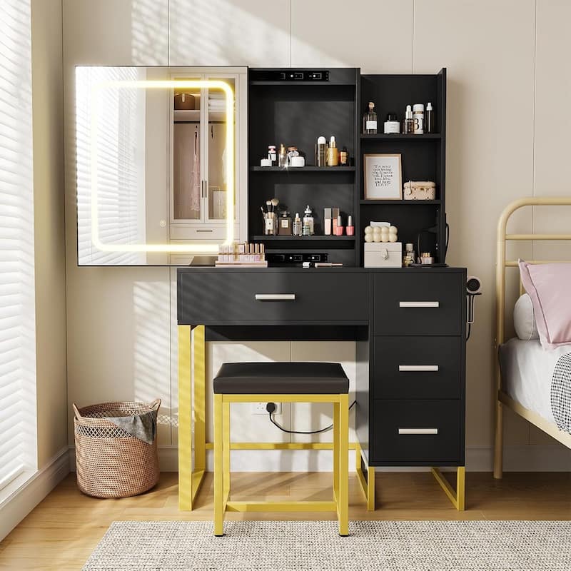 4 Drawers and 5 Shelves Dressing Table, Makeup Vanity Desk with Lighted Mirror - Black