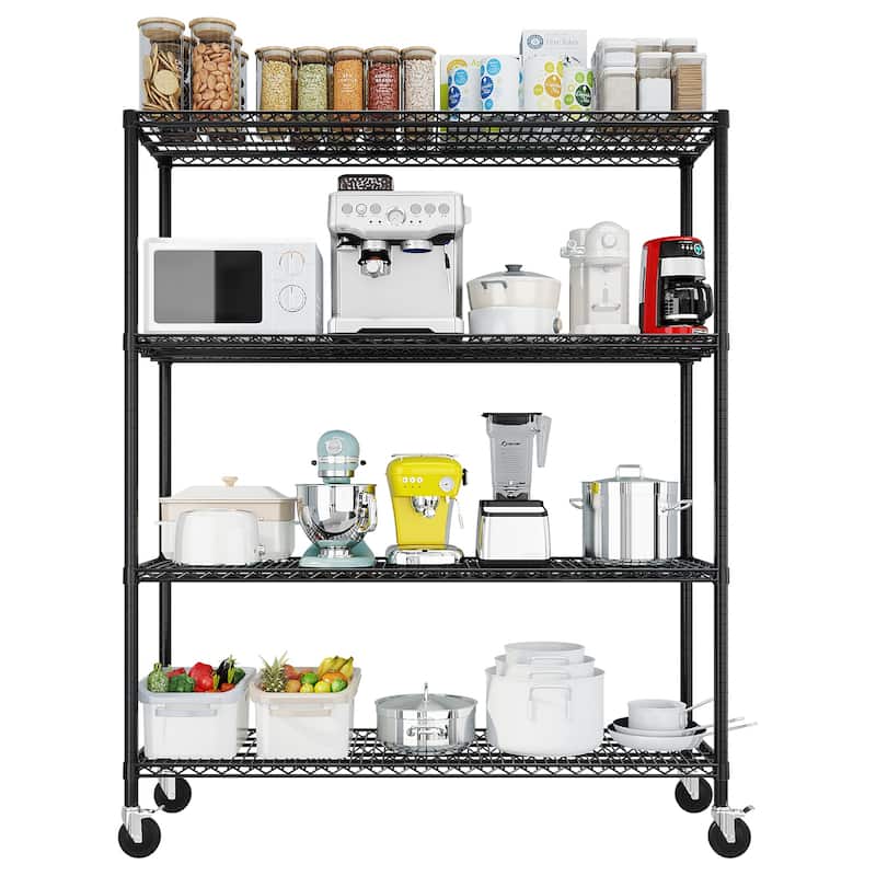 Black Adjustable 4-Layer Metal Storage Rack with Lockable Casters for Home and Commercial Use