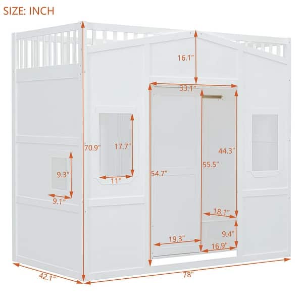 dimension image slide 0 of 5, Solid Wood Loft Bed w/ Bulit-in Wardrobe, Hanging Rod & Storage Shelves, Twin/Full Size Playhouse Design Loft Bedframe w/ Window