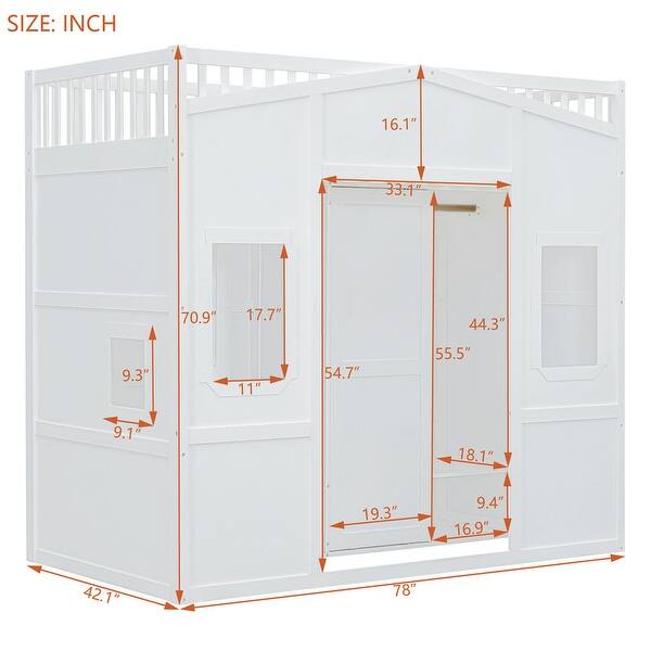 dimension image slide 2 of 5, Twin/Full Size House Loft Bed with Bulit-in Wardrobe, Hanging Rod & Storage Shelves, Wooden Loft Bedframe with Window and Ladder