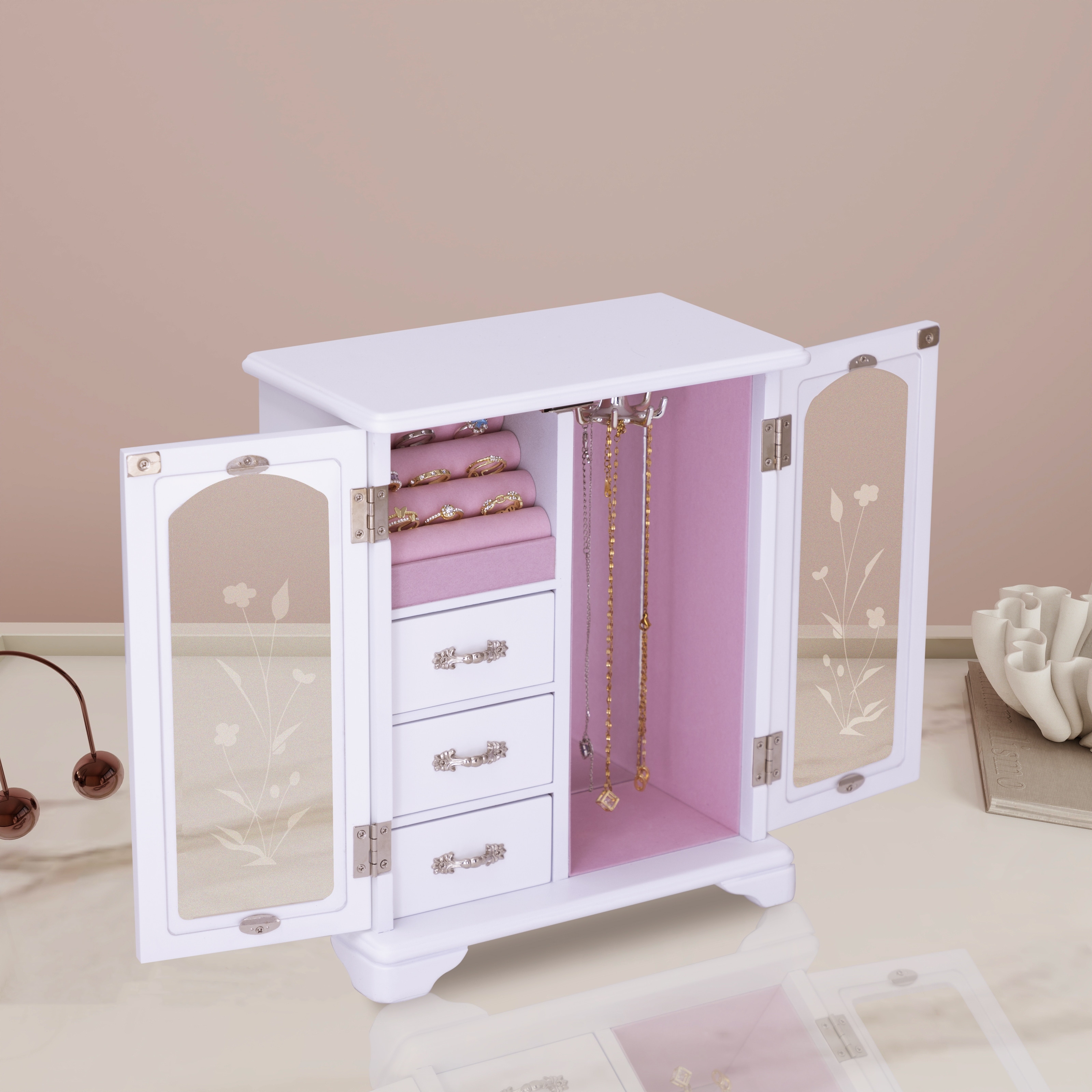 Stufurhome Solid Wooden Jewelry Box with 3-Drawers Built-in