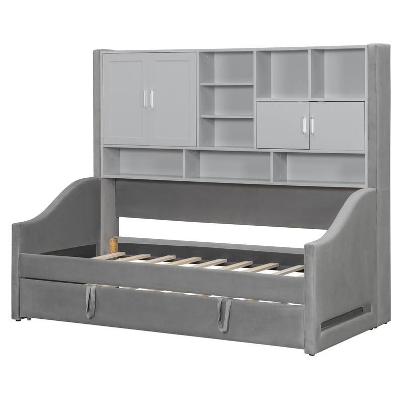Twin Size Upholstered Daybed Sofa Bed with All-in-one Bookcase Storage Cabinets Shelves, Pull-out Lift-up Trundle, Arm Lights