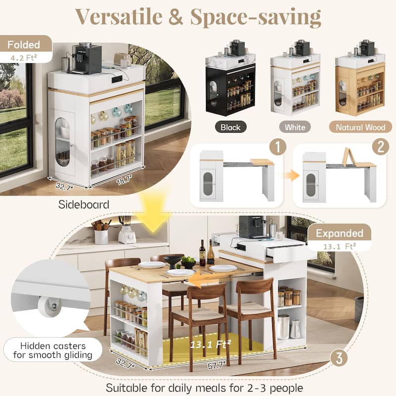 Extendable Dining Table with Folding Tabletop, Bar Table with Drawers and Power Outlet, Kitchen Island with Wheels and Hooks