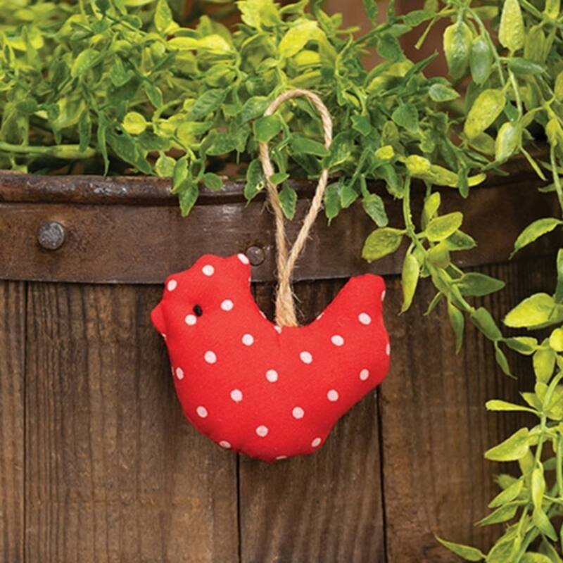 Red Fabric Polka Dot Chicken Ornament with Jute Hanging Loop - 2.50 x 0.75 x 2.50 in.