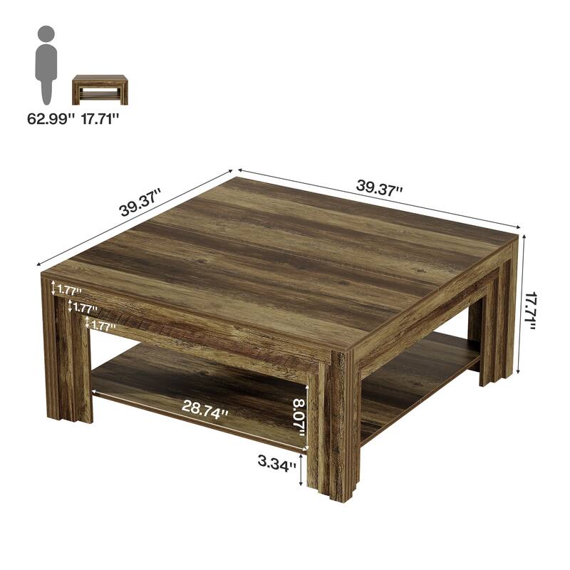 39 Inch Square Coffee Table, Rustic Farmhouse Center Tea Table
