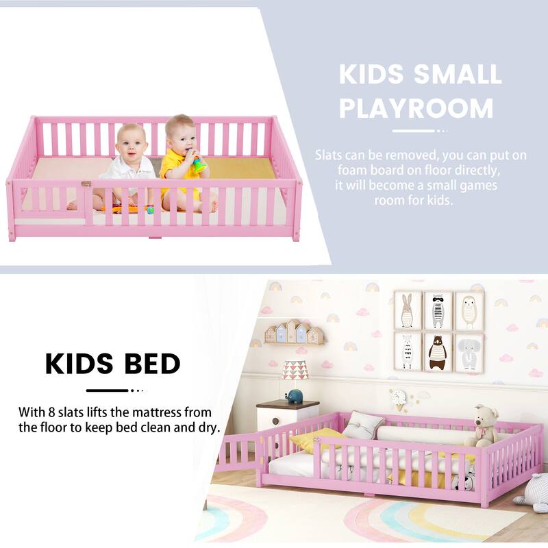 Full Size Kids Floor Bed with Guardrails and Door
