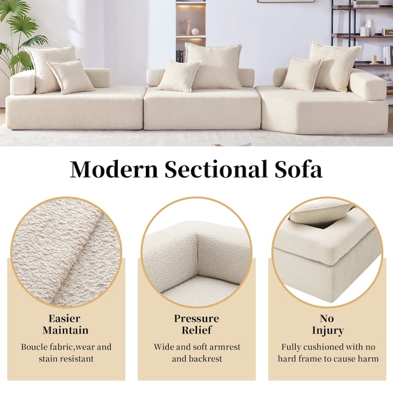 151.5" Boucle Modular Floor Sectional Sofa with Free Combination Design and 6 Pillows