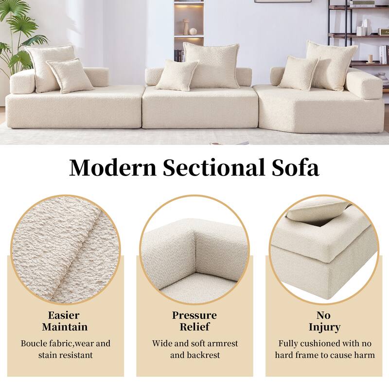 3 PC Oversized Modular Sofa, No Assembly, 5 - 6 Seats, Beige Boucle