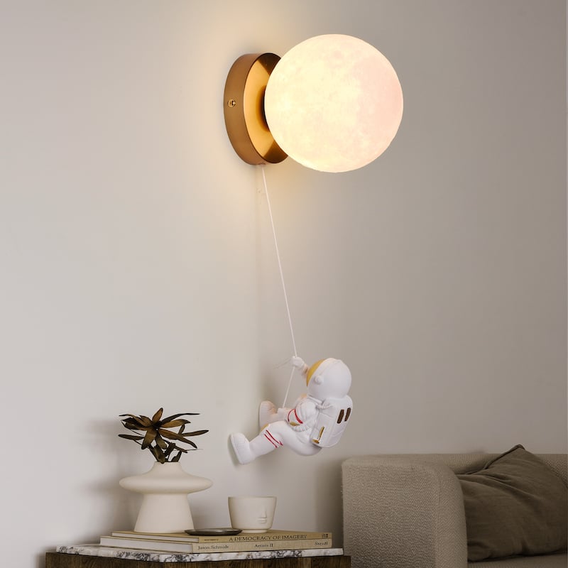 Modern Cute Moon & Astronaut Wall Sconce - Art Deco Explore Headboard Cordless G9 Wall Light for Kids’ Room - white