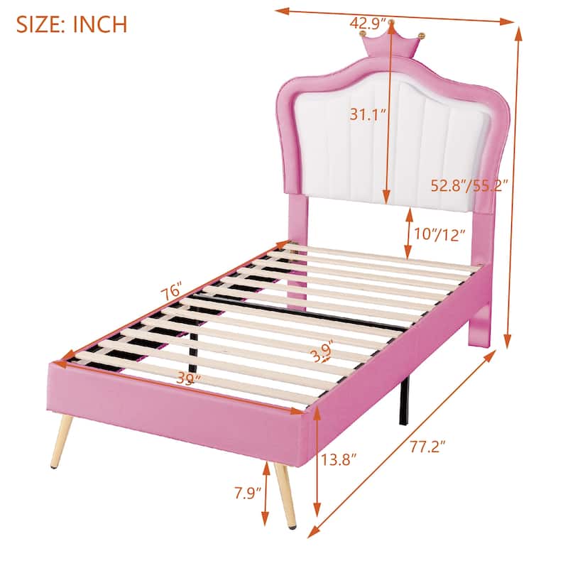 Twin Size Upholstered Platform Bed with Included LED Lights and Crown Headboard for Elegance