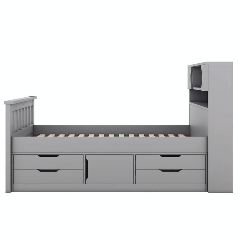 Captain Platform Bed Frame with Storage Bookcases, Shelves & Four Drawers