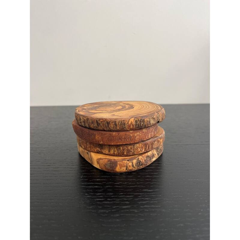 Set of 4 Olive Wood Coasters Dia 3.9" - Natural