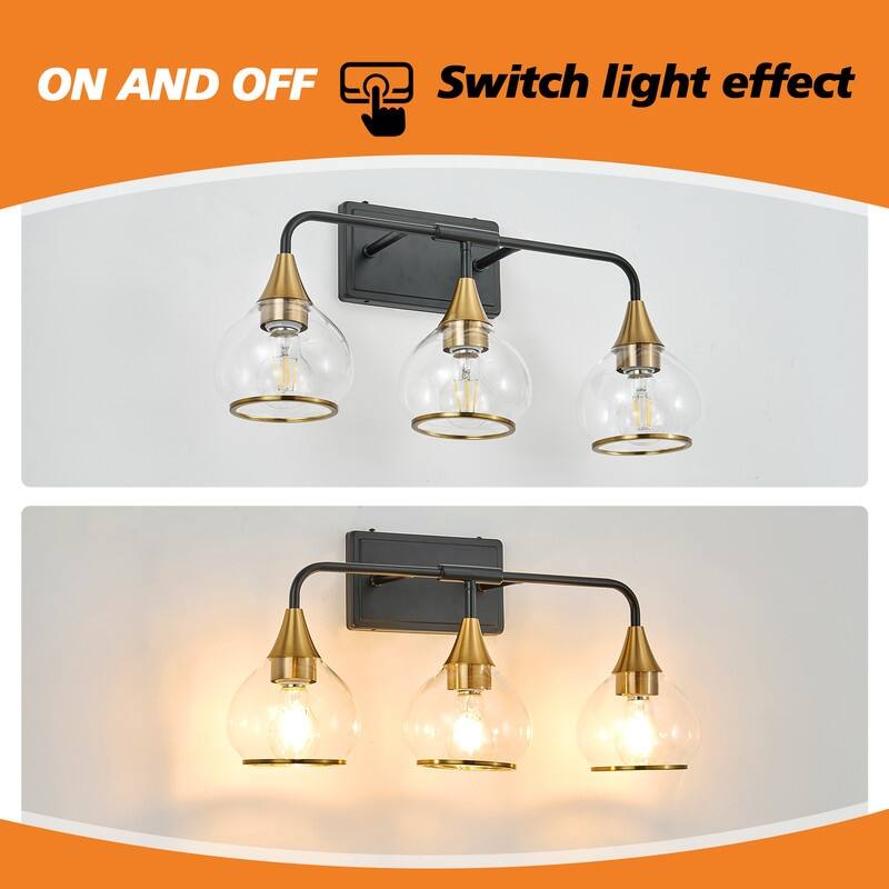 Modern Black and Gold Vanity Wall Sconce with Clear Glass Shades Industrial Bathroom Light Fixture (Bulb Not Included)