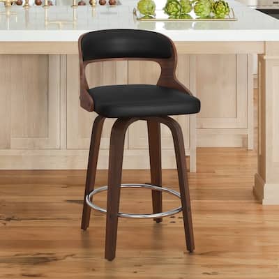 PU Leather 26in. Swivel Barstool Counter Height Low Back Solid Wood Stool for Kitchen Islands with Curved Backrest