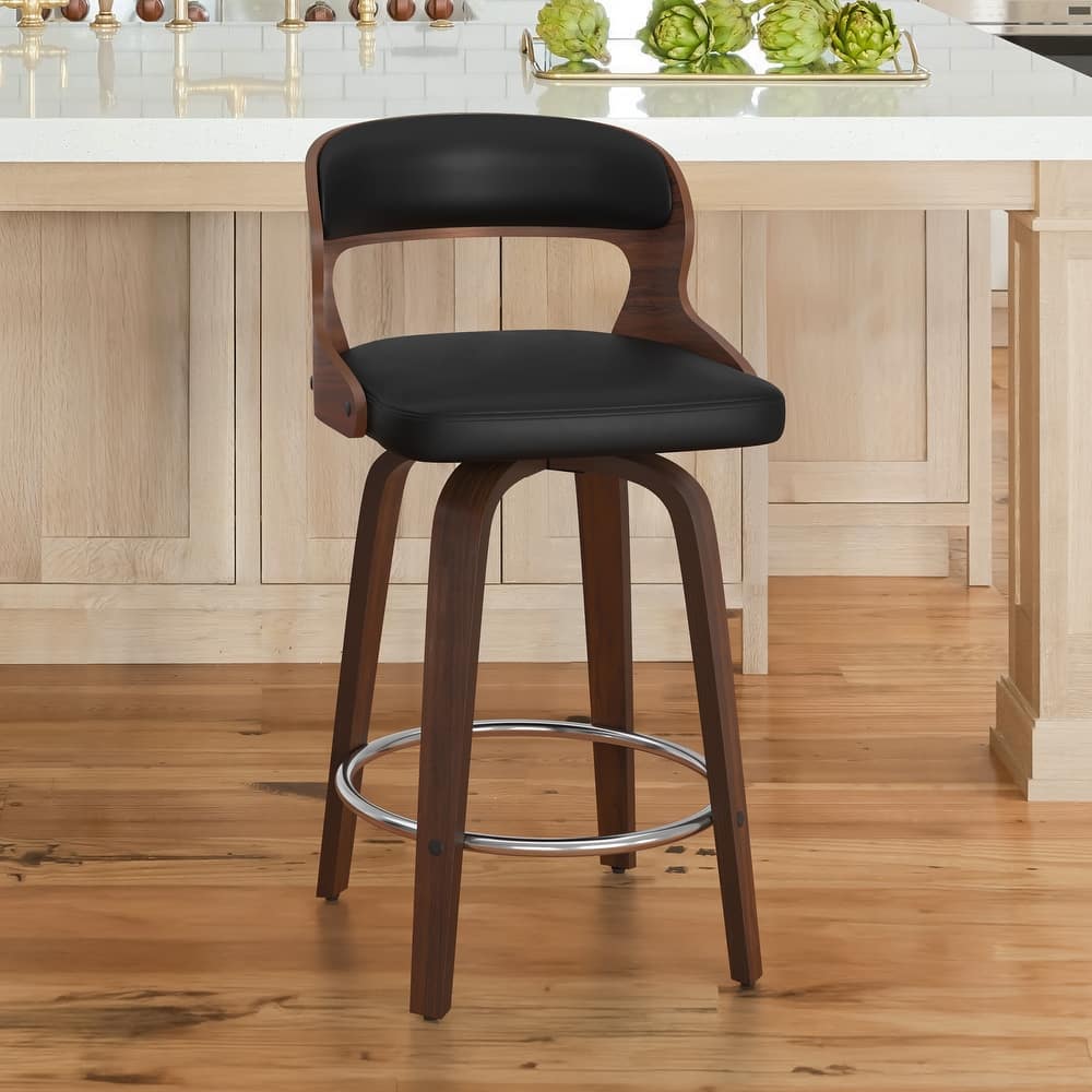 PU Leather 26in. Swivel Barstool Counter Height Low Back Solid Wood Stool for Kitchen Islands with Curved Backrest