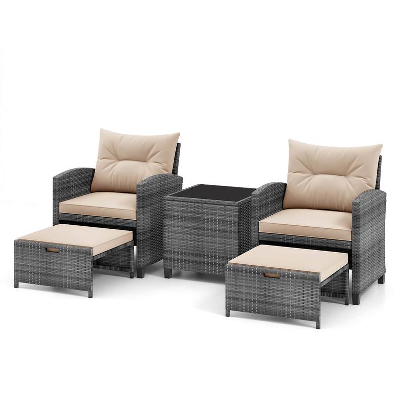 Gymax 5PCS Rattan Furniture w/ 2 Ottomans & Tempered Glass Coffee