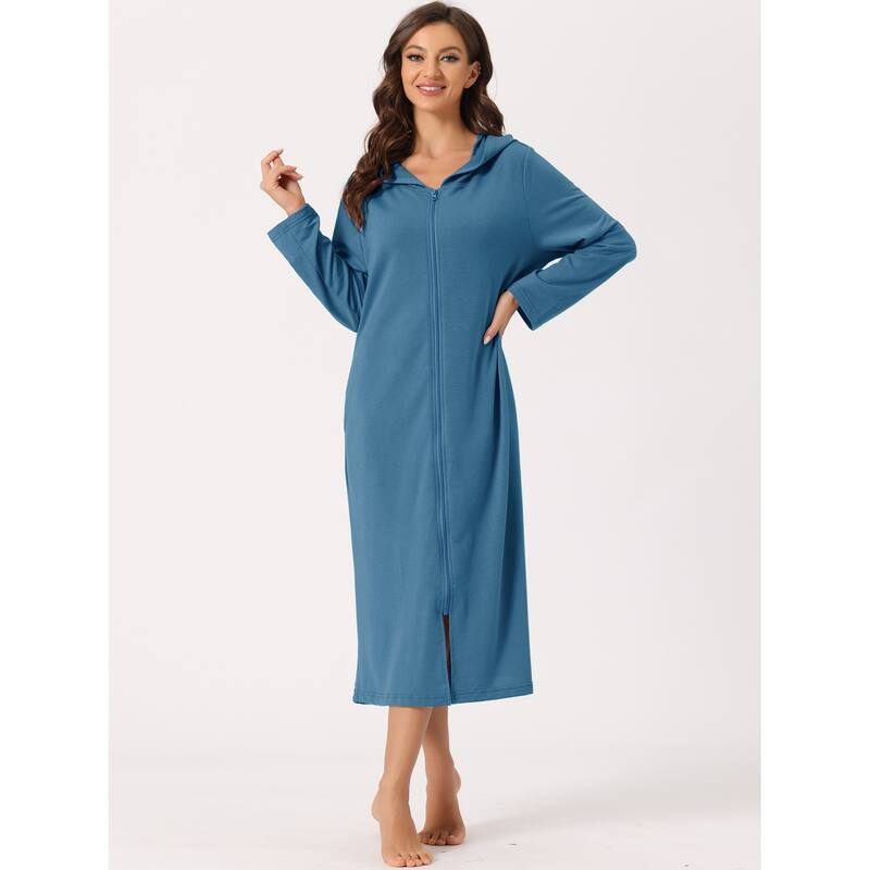 Women's Zip Robe Hooded Long Sleeve Bathrobe Housecoat with Pockets - Lake Blue - XL