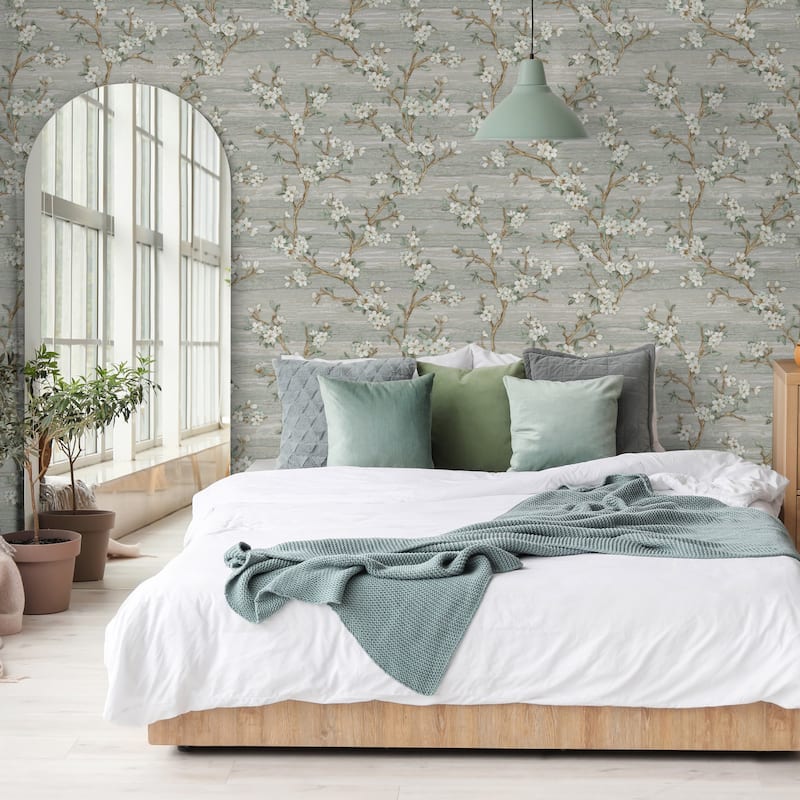 Flocked Botanical Blossom Pattern Stylish Floral Wallpaper
